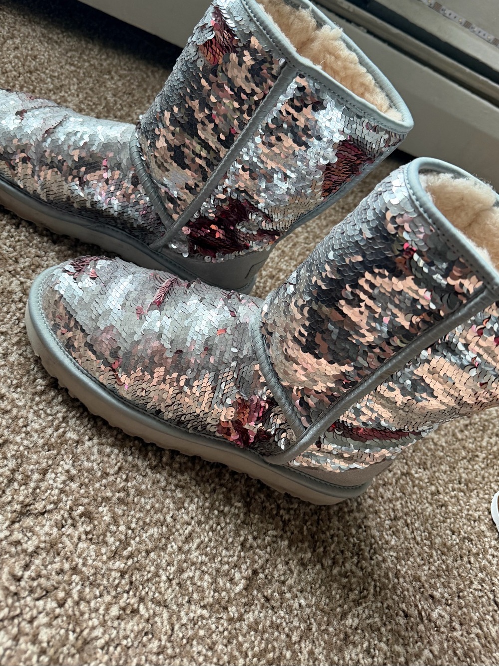 UGG Sequined Shearling-Lined Mid-Calf Boots in Silver and Rose